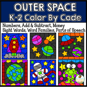 Outer space color by code fun math and language arts printable activities