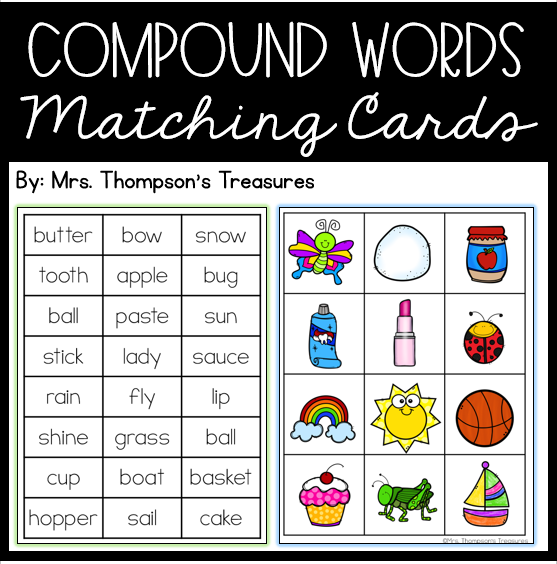 Fun compound word practice with word cards and matching pictures.