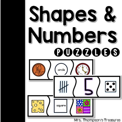 Shapes and numbers matching puzzles for preschool or kindergarten.
