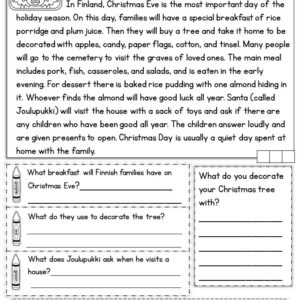 Free reading passage and questions about Christmas in Finland.