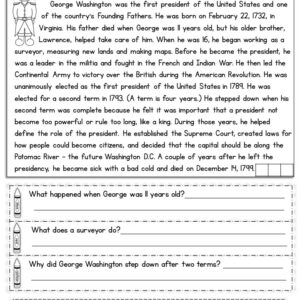 Free U.S. Presidents reading comprehension passage and questions about George Washington.