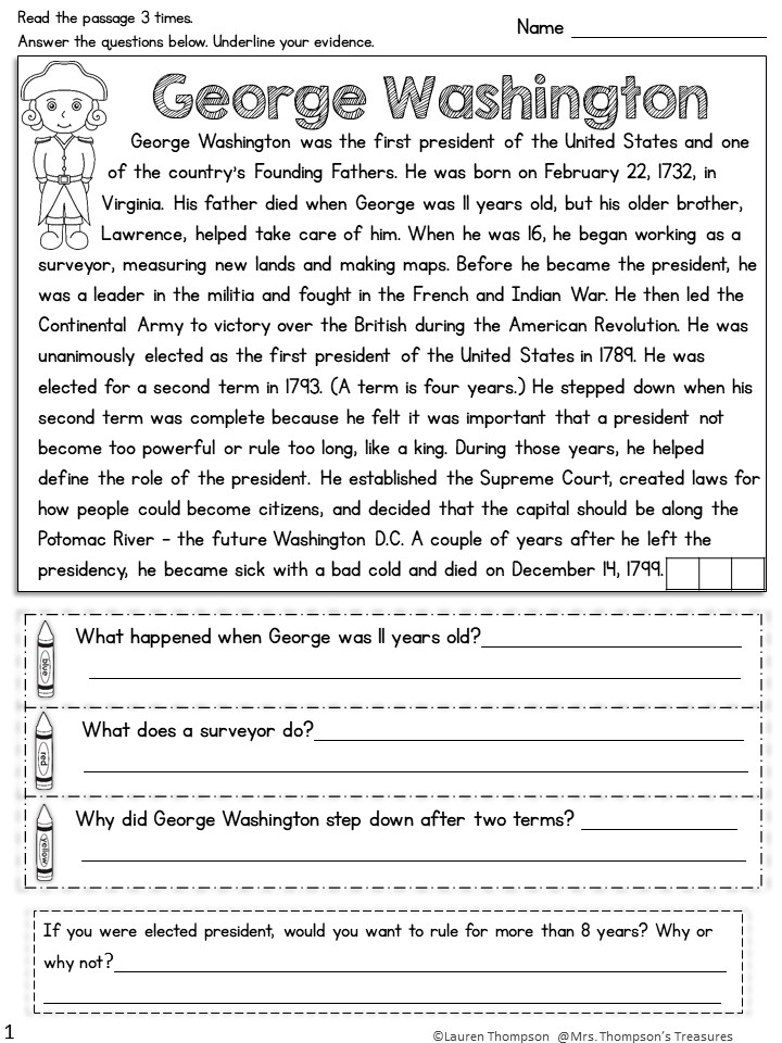 Free U.S. Presidents reading comprehension passage and questions about George Washington.