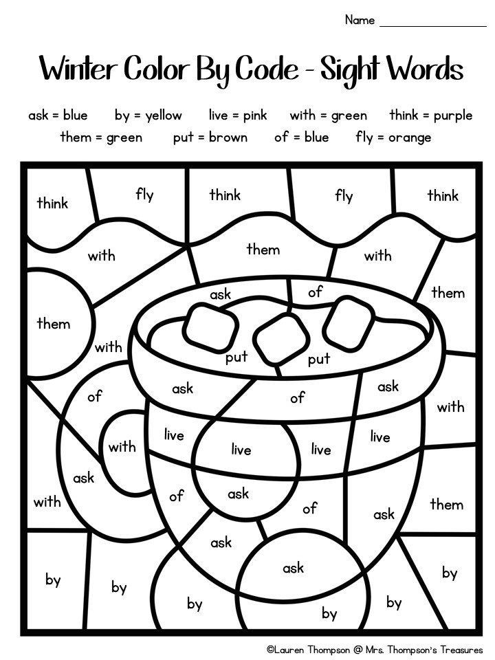 Winter color by code activity pages to practice math and sight words