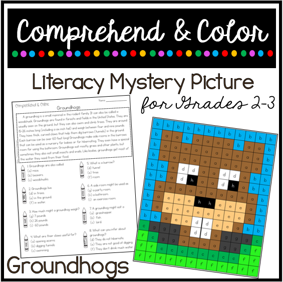 Nonfiction reading comprehension passage and questions about groundhogs - use the answers to create the cute mystery picture.