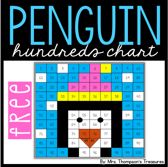 Free winter penguin math - hundreds chart mystery picture activity.