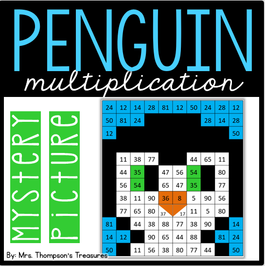 Penguin multiplication mystery picture - great winter math activity.