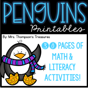 Penguin themed math and literacy worksheets for early elementary.