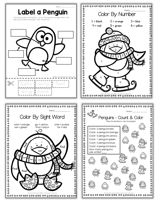Penguin themed math and literacy worksheets for early elementary.