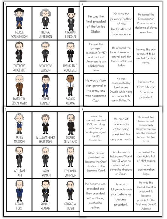 Presidents matching game - facts about presidents