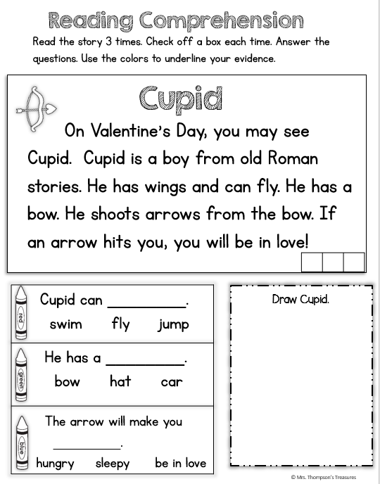 Free Valentine's Day printable activities - reading comprehension and color by coin.