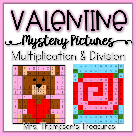 Valentine's Day math mystery picture activities - multiplication and division.