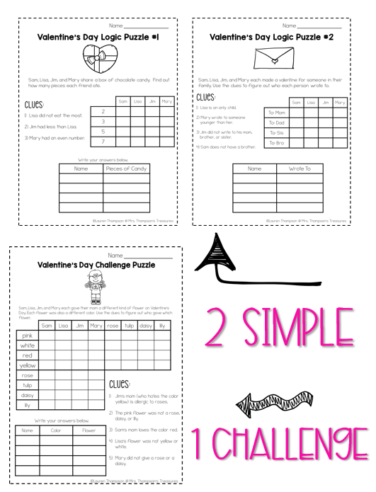 Valentine's Day logic puzzles, critical thinking activities