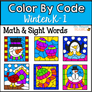 Winter color by code activities to practice simple math and sight words