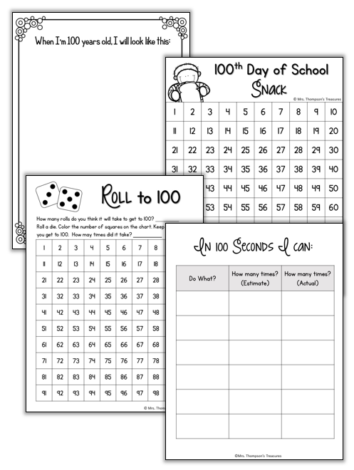 Free printable activities to celebrate the 100th day of school.