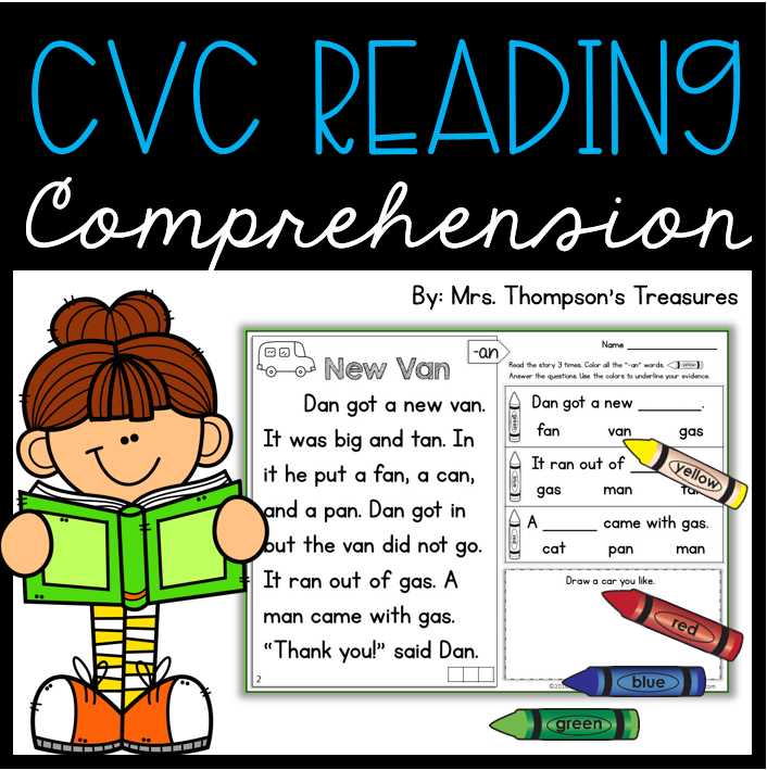 CVC reading comprehension passage and text evidence questions for beginning readers.