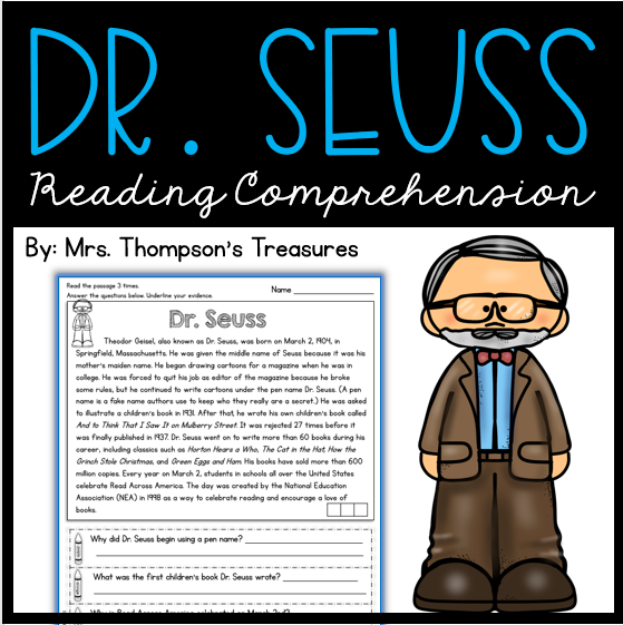 Reading comprehension passage and questions about Dr. Seuss.