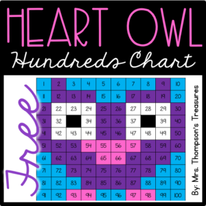 Free heart owl Valentine's Day hundreds chart mystery picture activity.