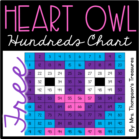 Free heart owl Valentine's Day hundreds chart mystery picture activity.