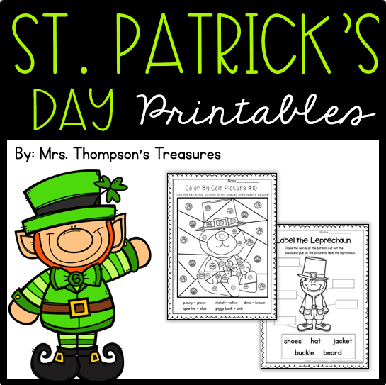 Free St. Patrick's Day printables: color by coin, emergent reader book, and label the leprechaun.