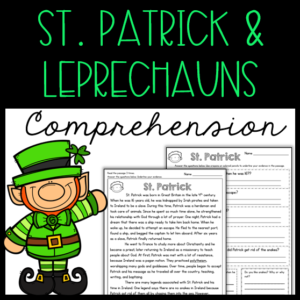 Reading comprehension passages and questions about St. Patrick and leprechauns.