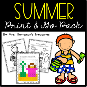Fun printable activity worksheets for summer. Math and literacy skills.